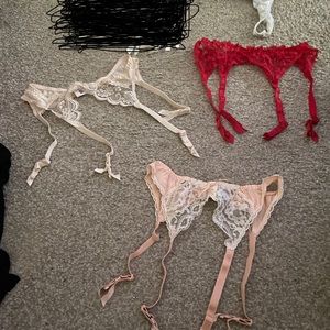 Bundle of 3 garter belts, 1 thong- red medium,peach/ivory large, cream medium
